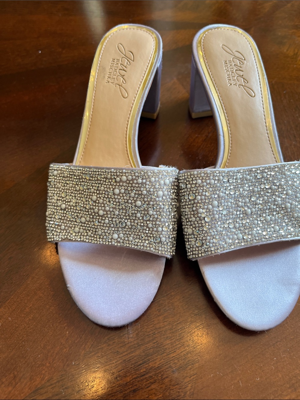 Badgley Mischka Lilac Satin Slide Heels with Crystal Strap